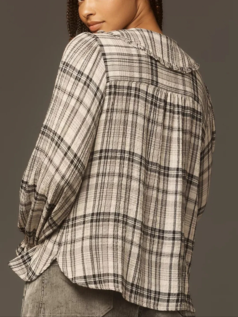 Anthropologie Pilcro Keira Peter Pan Collar Blouse Plaid Long Sleeve Size XXS